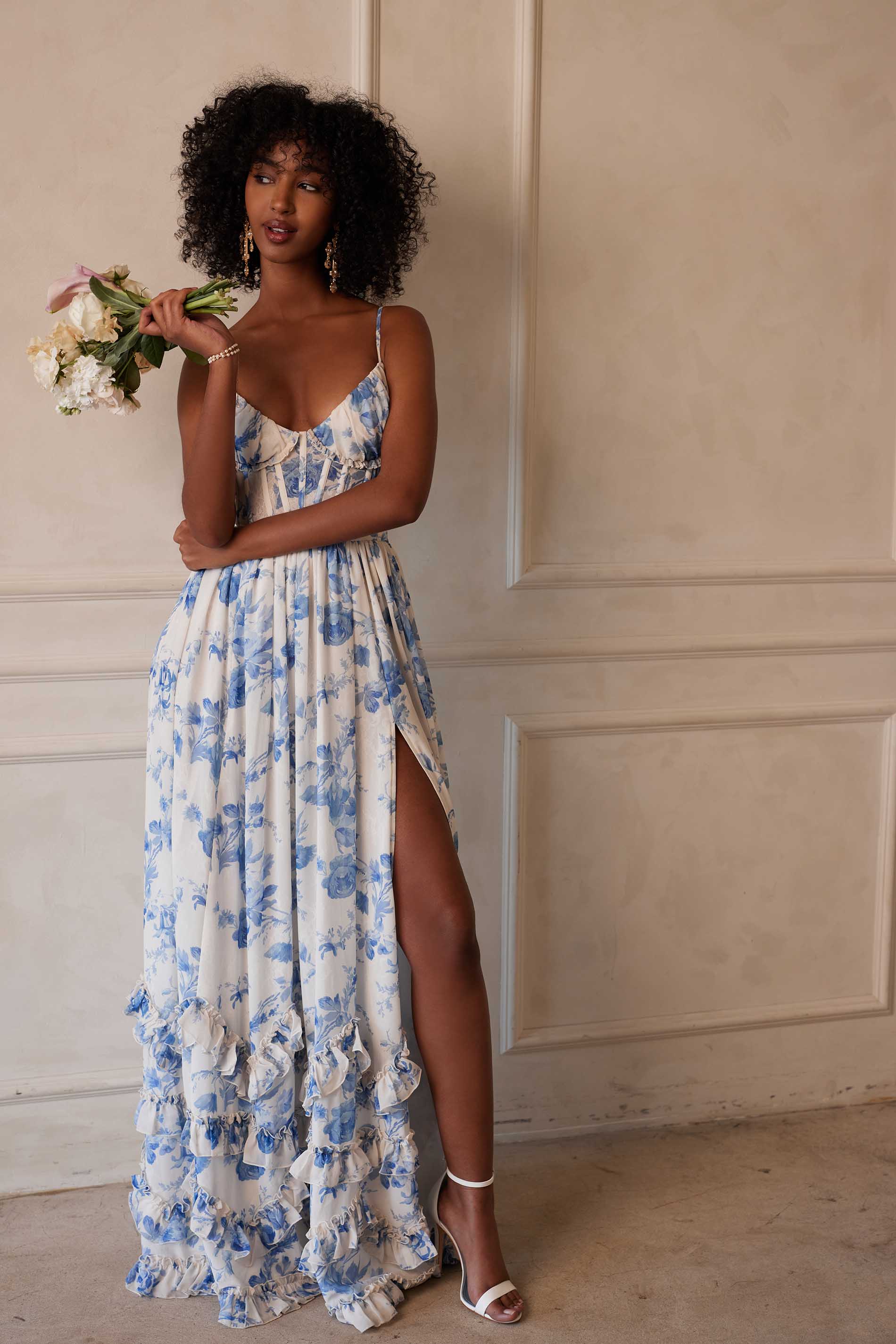 Provencal Blue Floral Carmen Floral Midi Dress
