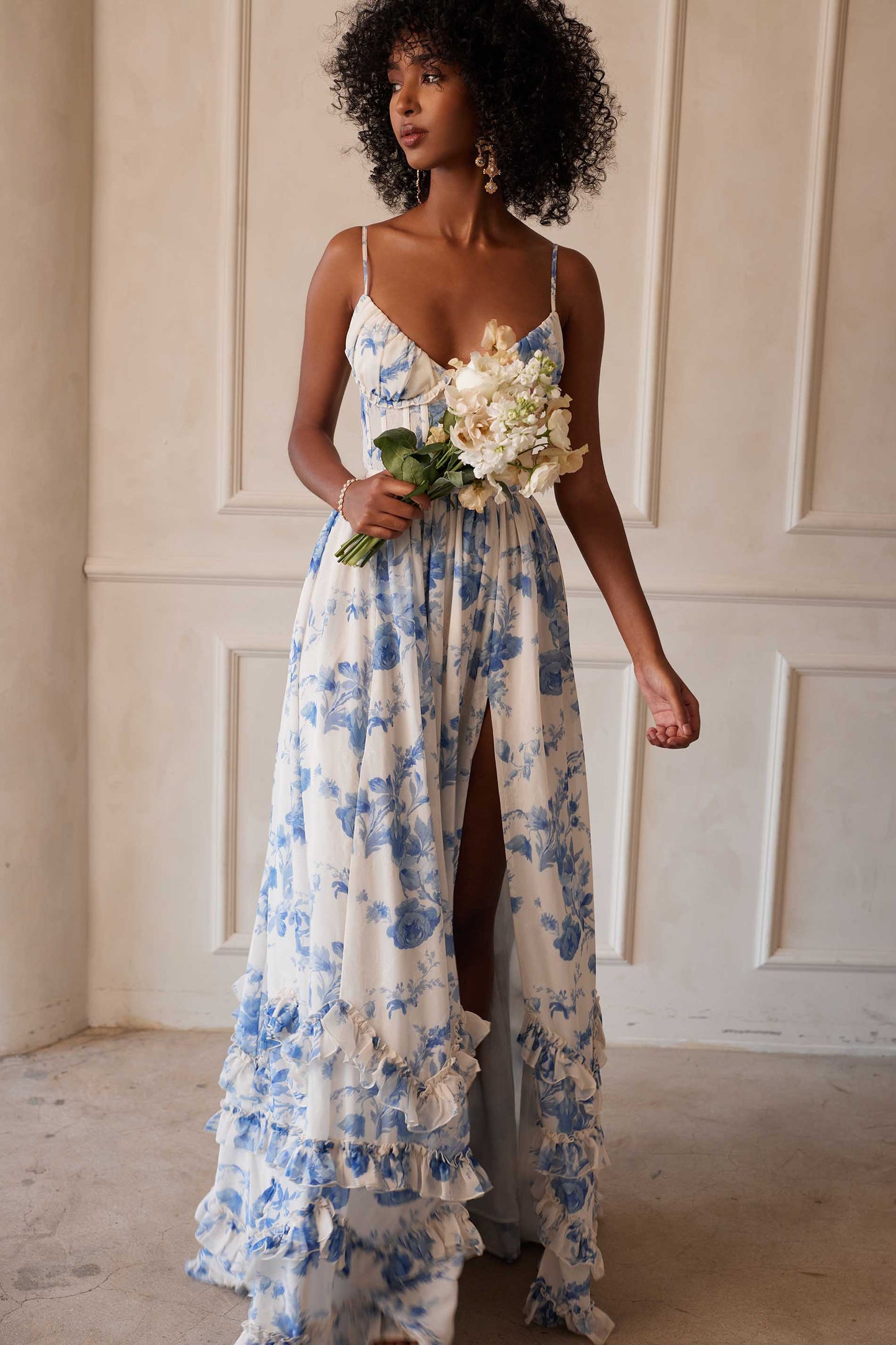 Provencal Blue Floral Carmen Floral Midi Dress