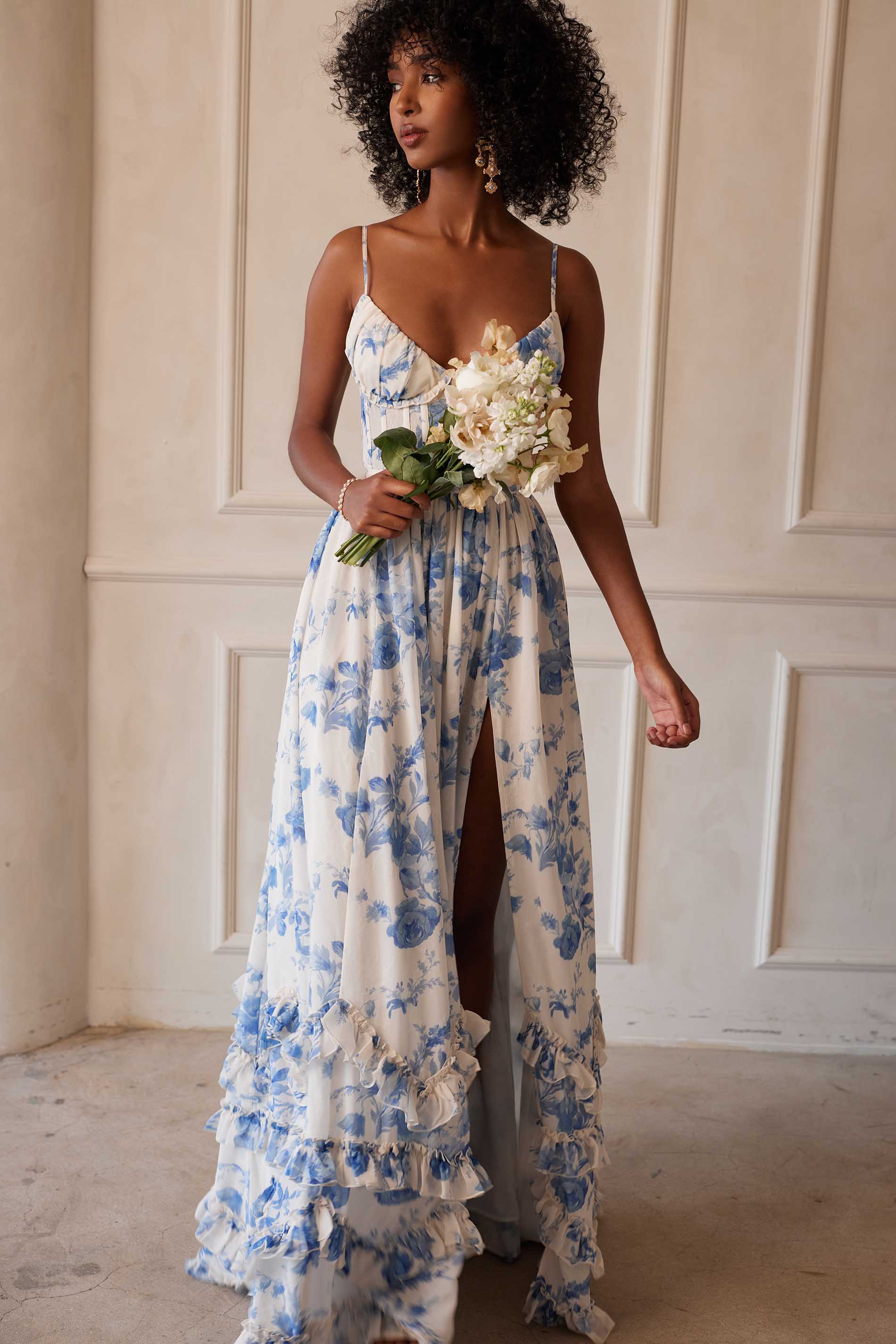Provencal Blue Floral Carmen Floral Midi Dress