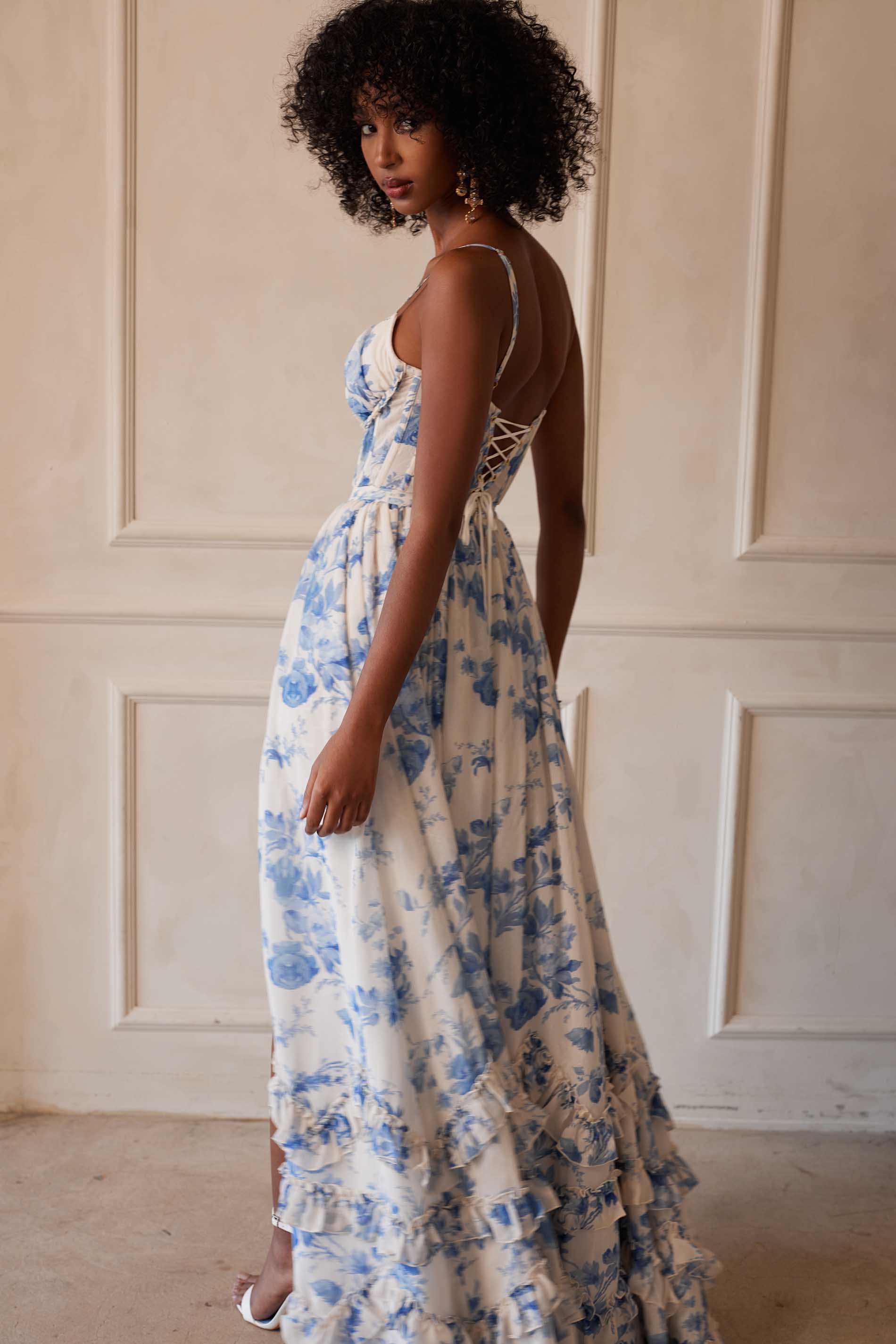 Provencal Blue Floral Carmen Floral Midi Dress