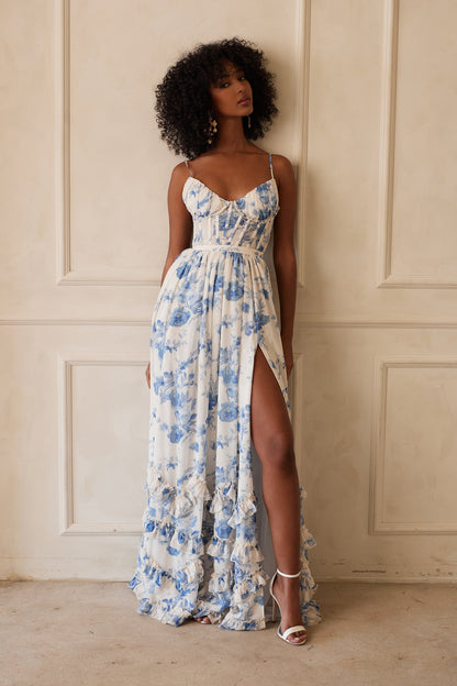 Provencal Blue Floral Carmen Floral Midi Dress