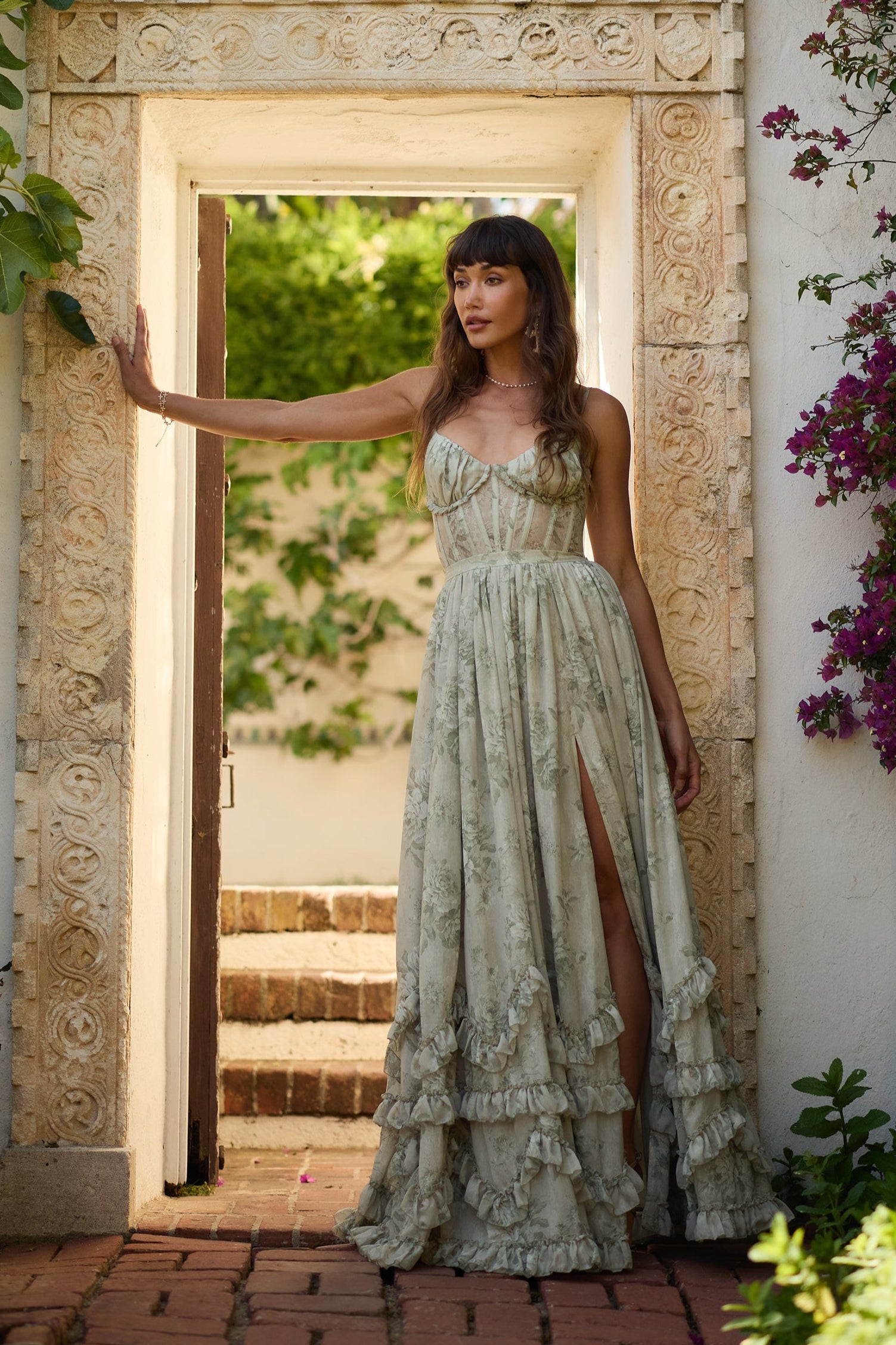 Sage Tapestry Carmen Floral Midi Dress