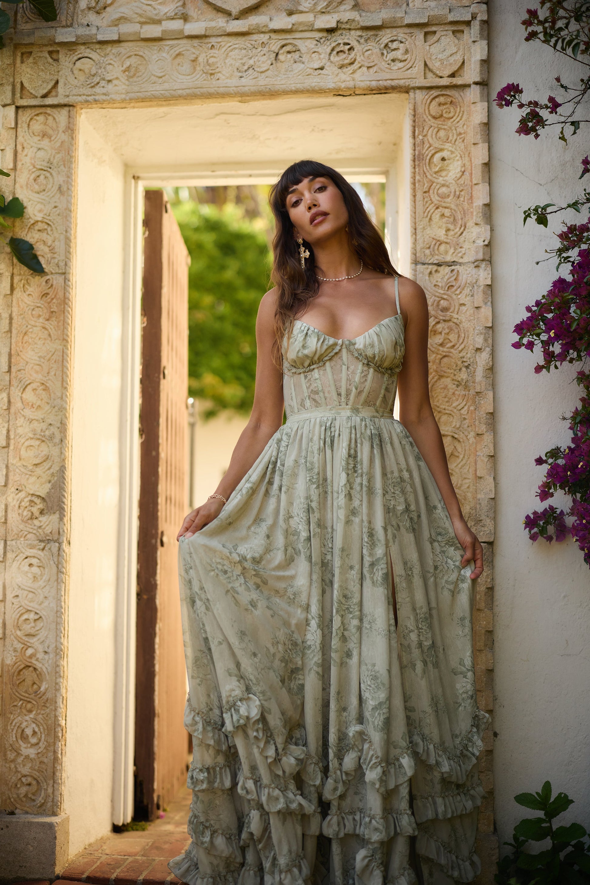 Sage Tapestry Carmen Floral Midi Dress