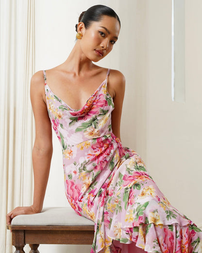 SOFT MUSE PINK Margot Silk Maxi Dress in Carmine