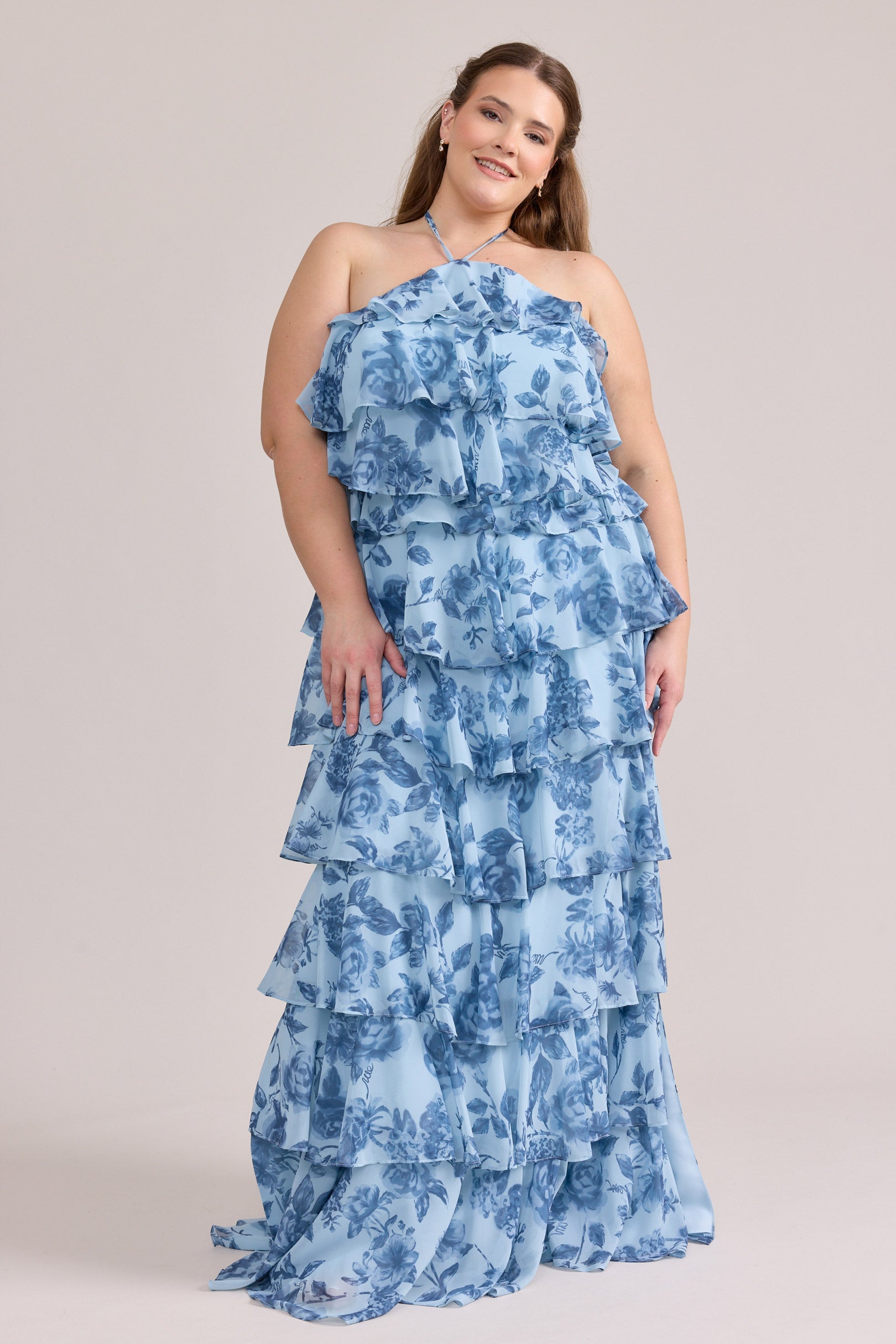 Sky Blue Blossom Carrie Chiffon Floral Midi Dress