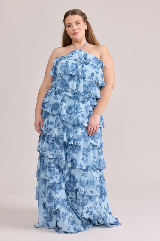Baby Pink Petit Rose Carrie Chiffon Floral Midi Dress