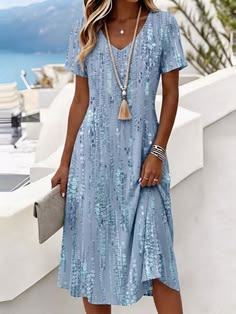 Women Abstract Short Sleeve V Neck Dress Daily Casual Midi A-Line Summer Dress