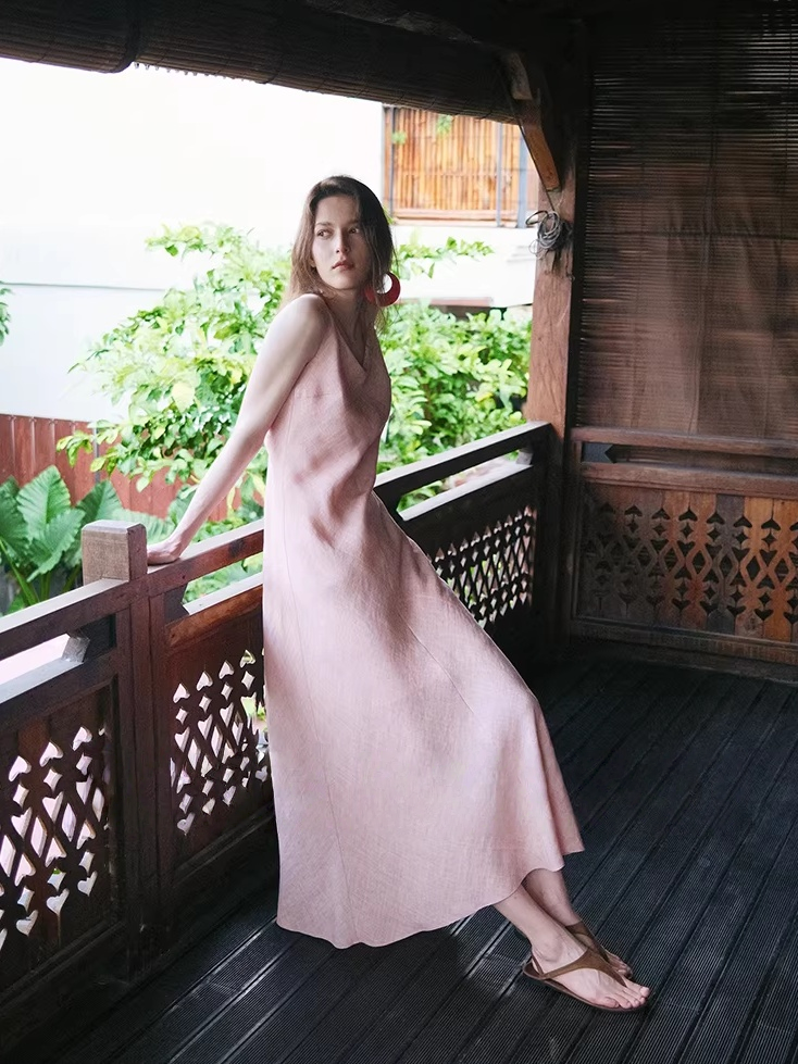 Soft Mist Powder Marina Tencel Linen Open-Back Dress
