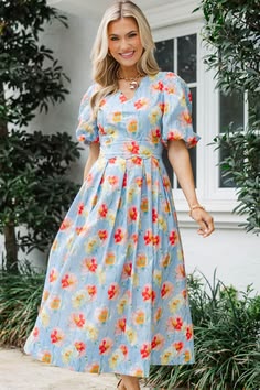 Margot Floral Midi Dress in Blue