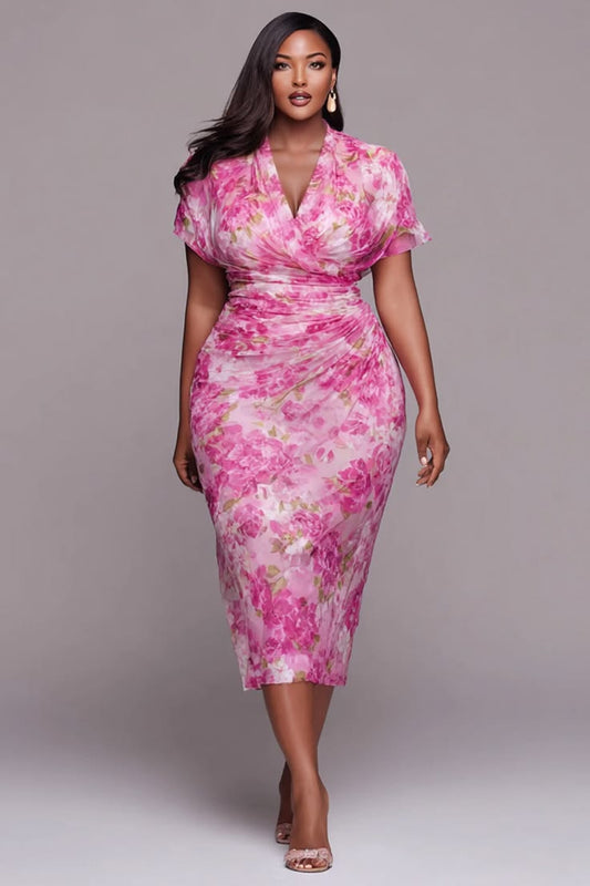 Xpluswear Design Plus Size Cocktail Party Pink Floral Cowl Neck Short Sleeve Fold Bodycon Tulle Midi Dresses [Pre-Order]