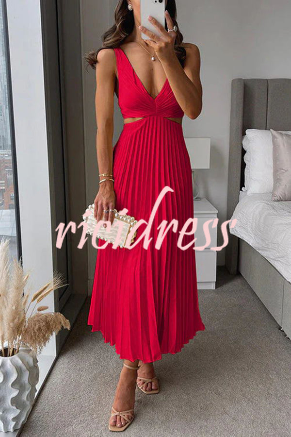 Rose red Margot Linen Pleated Midi Dress