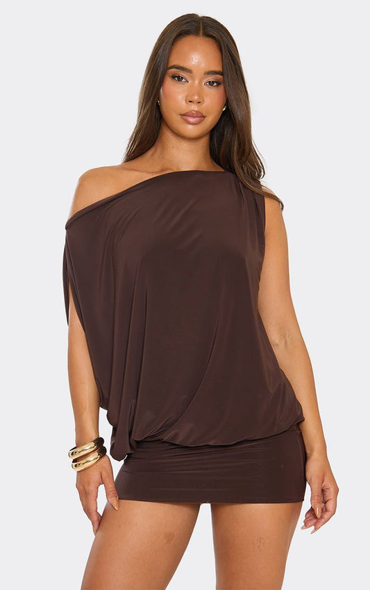 Off The Shoulder Draped Asymmetric Mini Dress In Chocolate Brown