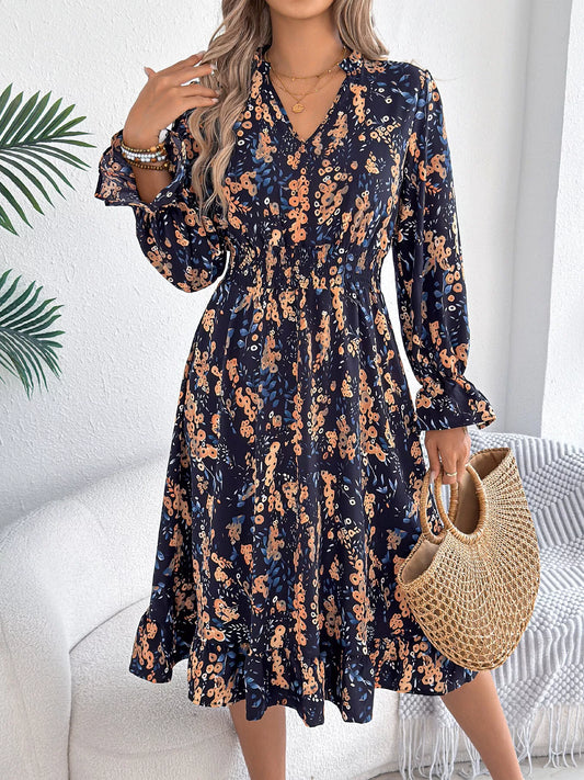 Navy Blue Vivienne Floral Ruffle A-Line Dress