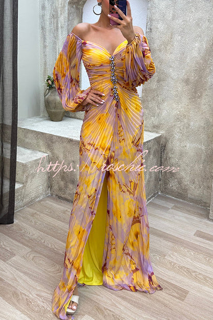 Yellow Sunset Serenade Printed Off Shoulder Diamond Embellished Pleated Slit Maxi Dress