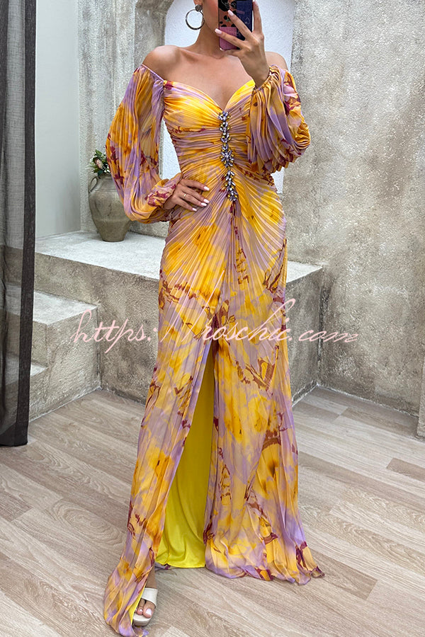 Blue Sunset Serenade Printed Off Shoulder Diamond Embellished Pleated Slit Maxi Dress