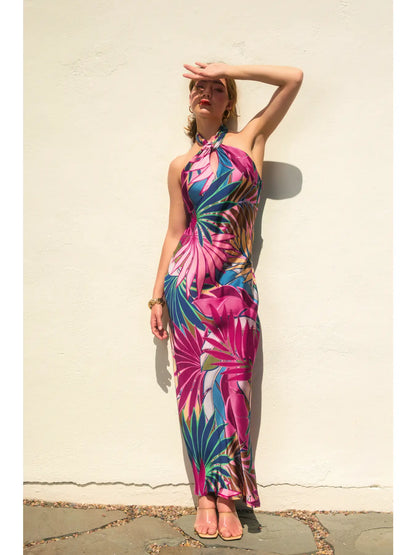 TROPICAL FUCHSIA Vivienne Halter Open-Back Maxi Dress