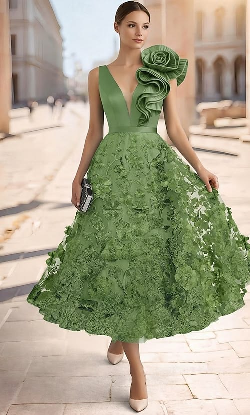 A-Line Floor Length Mother of the Bride Dress Half Sleeve V Neck Elegant Vintage Formal Lace Tulle with 3D Flowers Embro