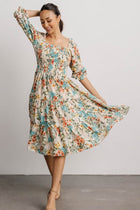 Marta Smocked Midi Dress — White & Blue Floral | Baltic Born
