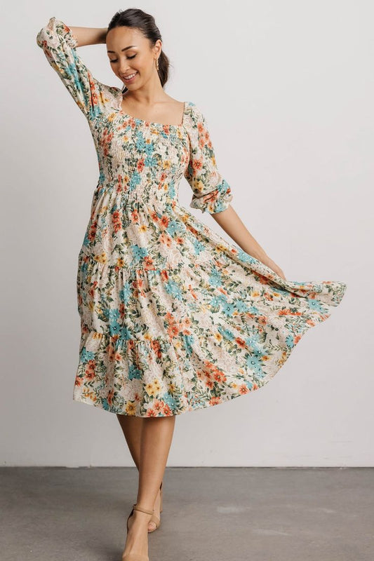 Marta Smocked Midi Dress — White & Blue Floral | Baltic Born