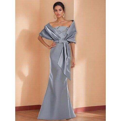 Black Mermaid / Trumpet Evening Gown Elegant Dress Formal Wedding Floor Length Short Sleeve Spaghetti Strap Belt Satin w