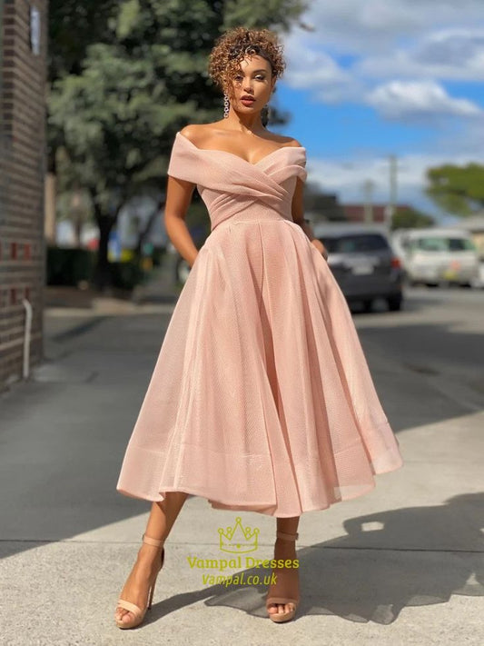 Pink Pink A-Line Organza Ruched Off The Shoulder Tea-Length Prom Dresses