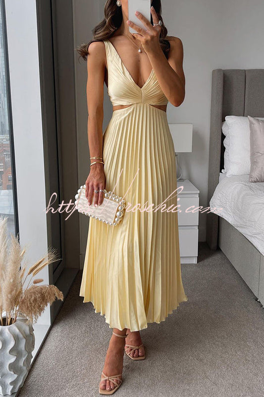 Yellow Summer Social Stain Pleated Cutout Waist Loose Midi Dress