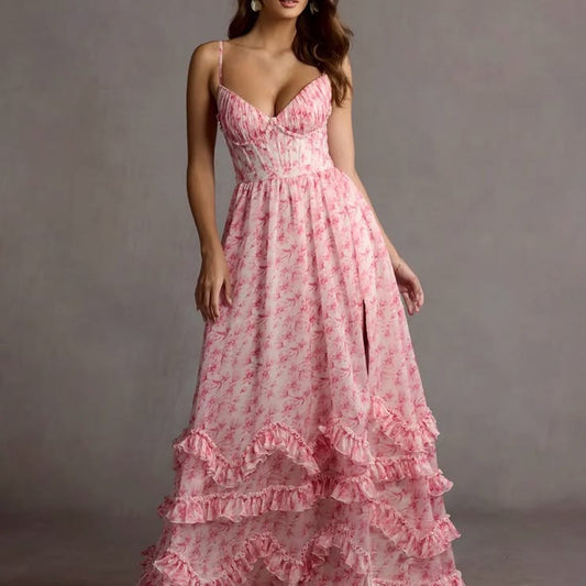 Azazie Dresses | Azazie Pink Floral Ruffled Spaghetti Strap Bridesmaid Dress | Color: Pink | Size: 16