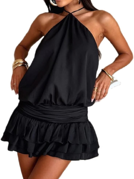 Amazon Dresses | Amazon Black Halter Mini Dress With Ruffle Skirt | Color: Black | Size: S