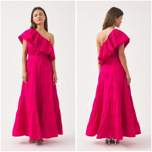Rodo Asymmetrical Maxi Dress in Fuchsia