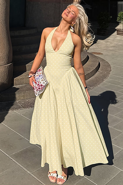 Yellow Vivienne Polka Dot Halter Maxi Dress