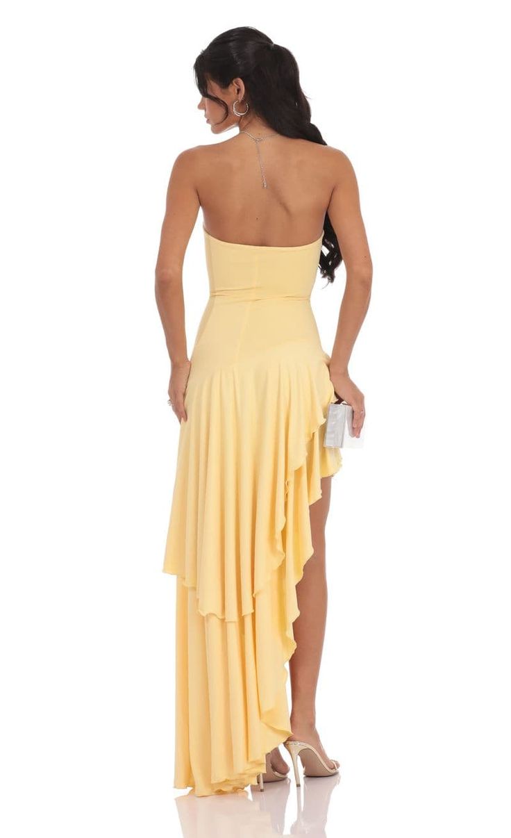 Arabella Ruffle Asymmetrical Maxi Dress in Yellow