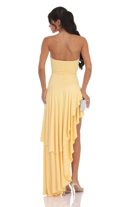 Arabella Ruffle Asymmetrical Maxi Dress in Yellow