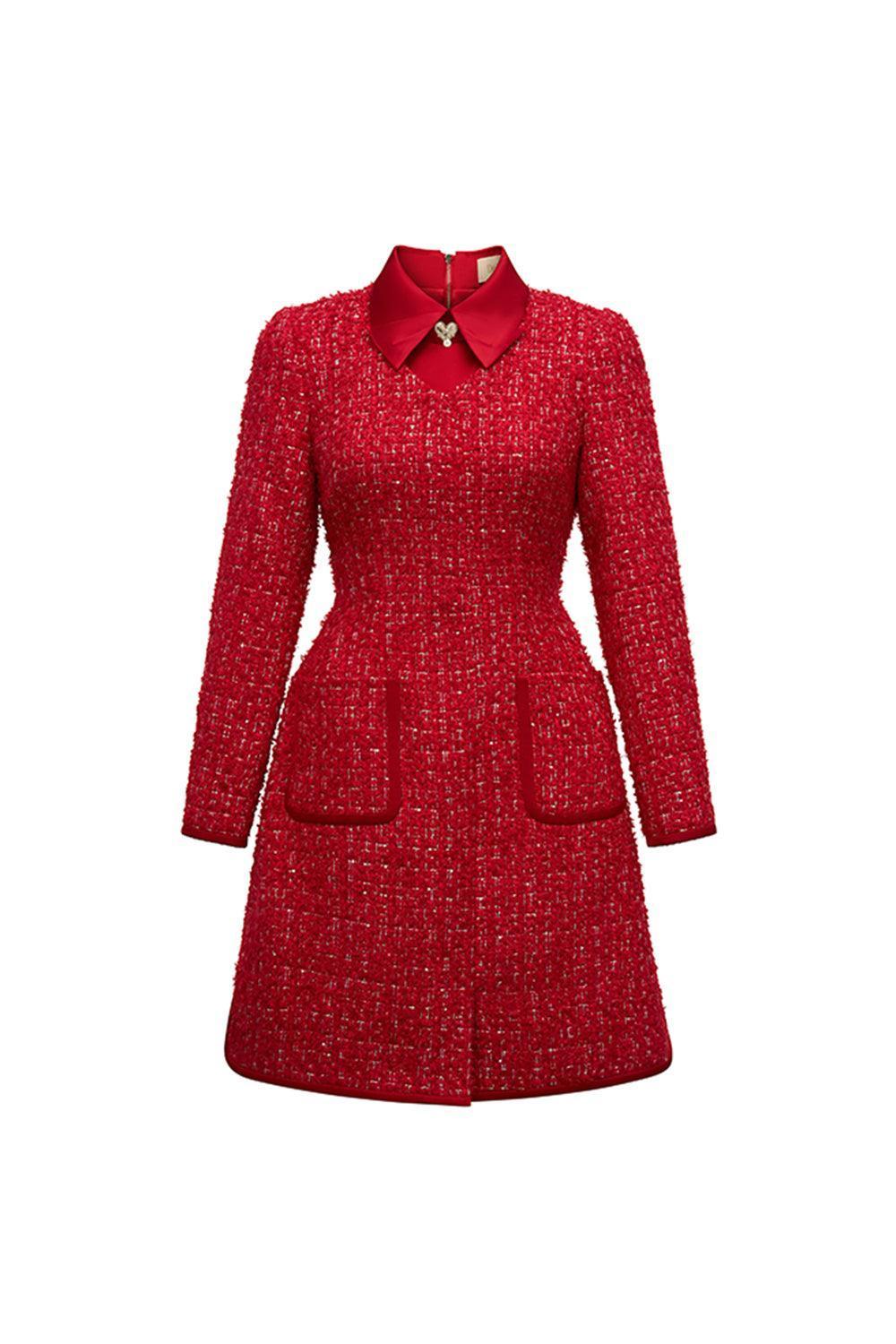 Red Women's Claire A-line Collared Neck Tweed Mini Dress S/M/L/XL White/Red MEAN BLVD