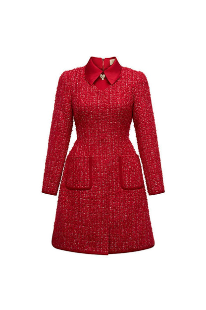 Red Women's Claire A-line Collared Neck Tweed Mini Dress S/M/L/XL White/Red MEAN BLVD
