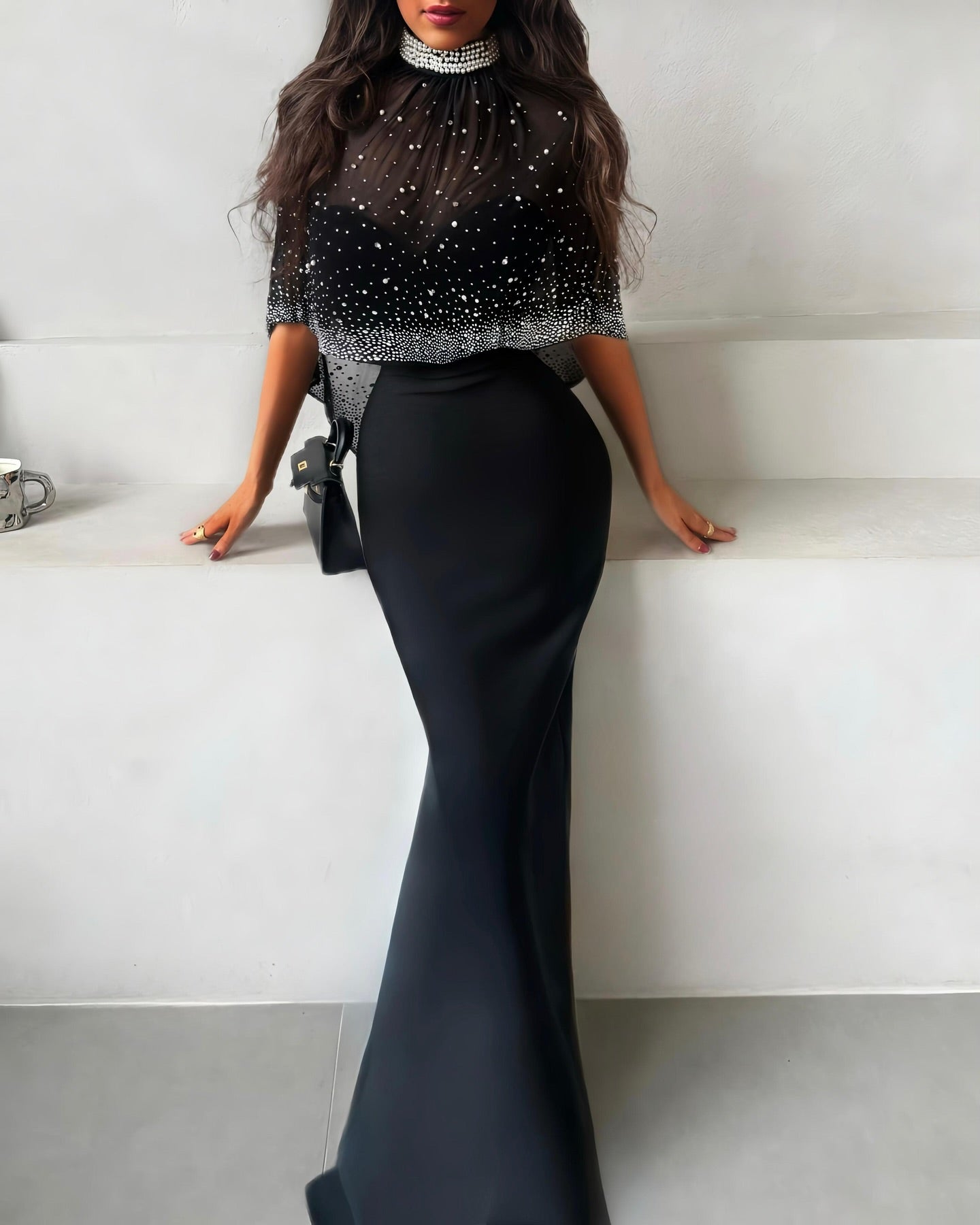 Sia Crystal Embellished Cape Dress