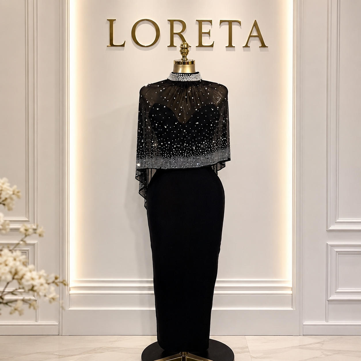 Sia Crystal Embellished Cape Dress