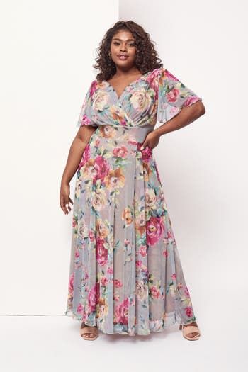 Scarlett & Jo Isabelle Printed Angel Sleeve Maxi Dress in Silver Pink at Nordstrom, Size 12