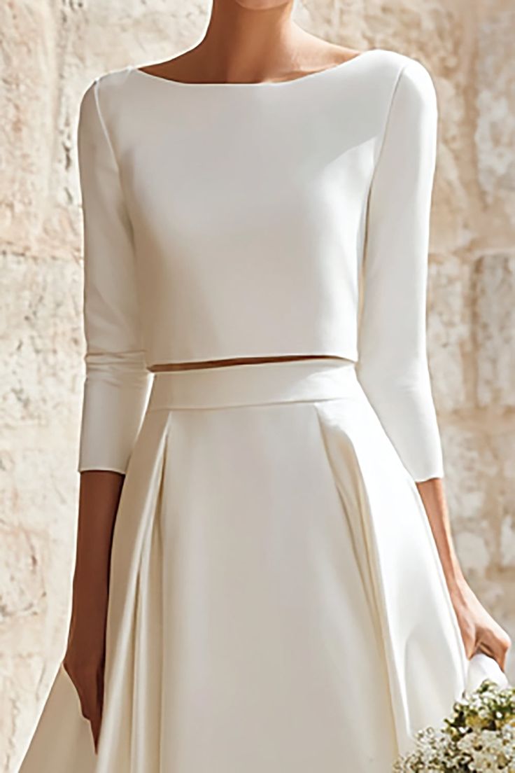 Ivory Satin 2 Piece A-Line Boat Neck Long Wedding Dress with Sleeves - Ivory / US16W