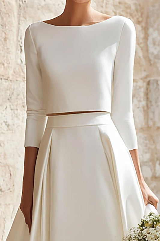 Ivory Satin 2 Piece A-Line Boat Neck Long Wedding Dress with Sleeves - Ivory / US16W