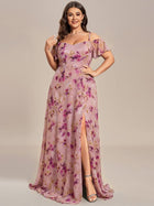 pretty REYA|Plus Size Cold Shoulder Formal Bridesmaid Dress with Side Slit - Light Purple Print / 26