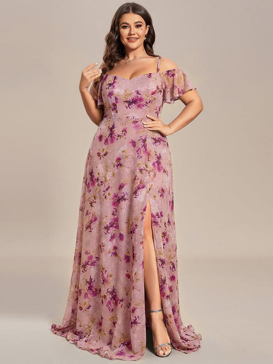pretty REYA|Plus Size Cold Shoulder Formal Bridesmaid Dress with Side Slit - Light Purple Print / 26