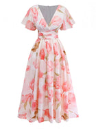Pink 1950s Floral Print V-neck Puff-Sleeve Maxi Dress - Pink / M