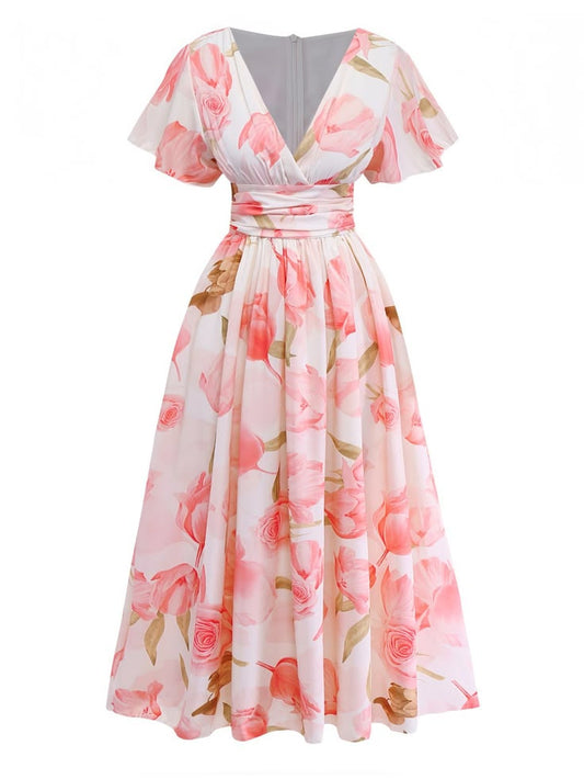 Pink 1950s Floral Print V-neck Puff-Sleeve Maxi Dress - Pink / M