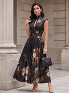 Vintage Style Floral Midi Dress, High Neck Qipao Inspired Dress, Sleeveless Pleated A Line Dress, Elegant Evening Wear,