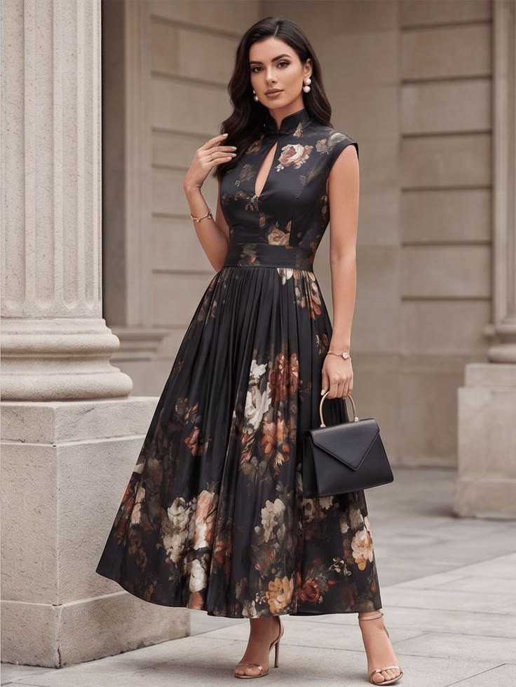 Vintage Style Floral Midi Dress, High Neck Qipao Inspired Dress, Sleeveless Pleated A Line Dress, Elegant Evening Wear, 