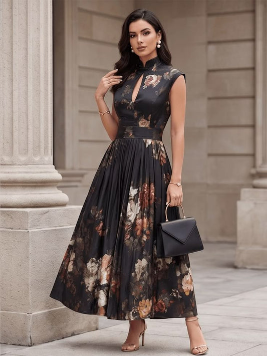 Vintage Style Floral Midi Dress, High Neck Qipao Inspired Dress, Sleeveless Pleated A Line Dress, Elegant Evening Wear, 