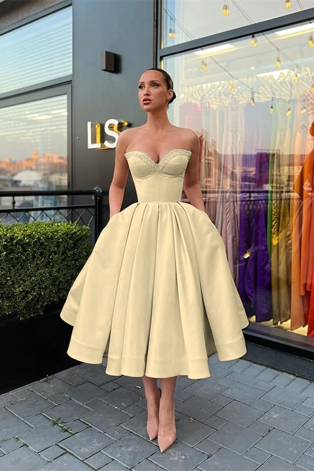 Oknass White Satin Strapless Sweetheart Sleeveless High Waist Long A Line Prom Dress Champage-US2