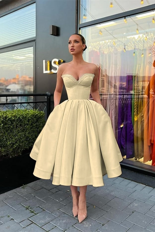 Oknass White Satin Strapless Sweetheart Sleeveless High Waist Long A Line Prom Dress Champage-US2