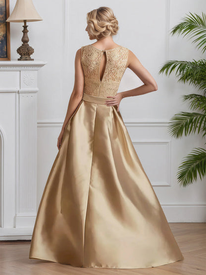 line Sleeveless Cicinia Champagne Satin Lace A-Line Dress