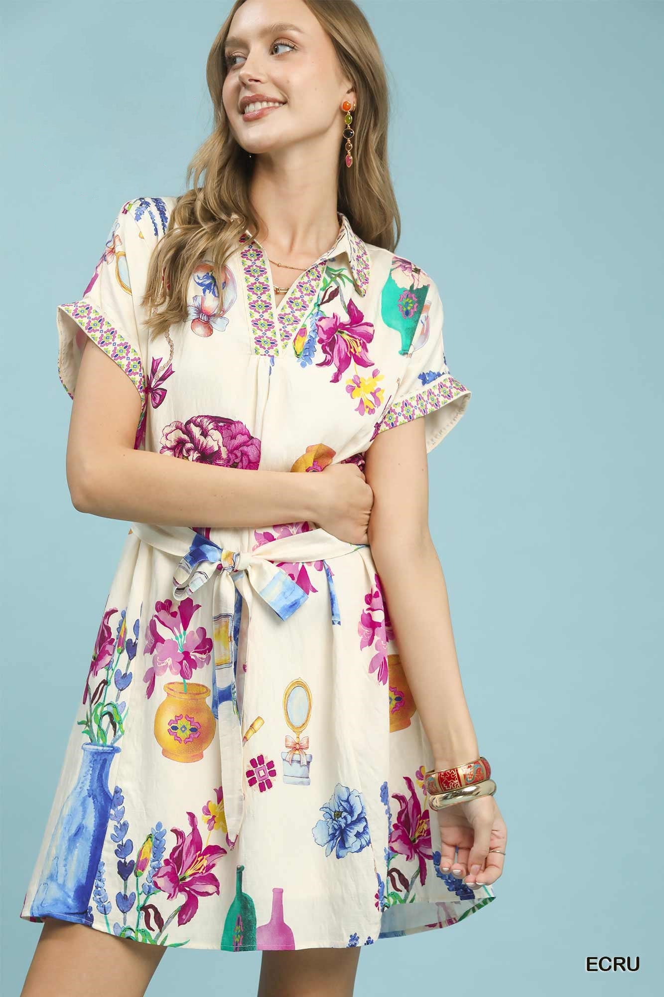ECRU Margot Floral Print Mini Dress with Belt